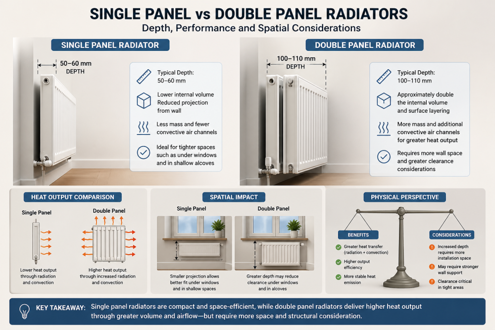 Infographic comparing single and double panel radiators, showing compact design versus increased heat output and space requirements.
