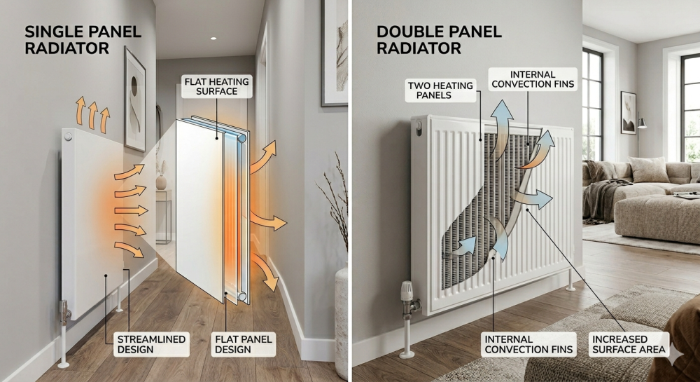 Single vs double radiator comparison highlighting slim single panel design and double panel radiator with convection fins for higher heat output.