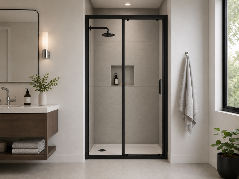 Sliding shower enclosure with rainfall showerhead, recessed storage shelf, and wood vanity beside large window.