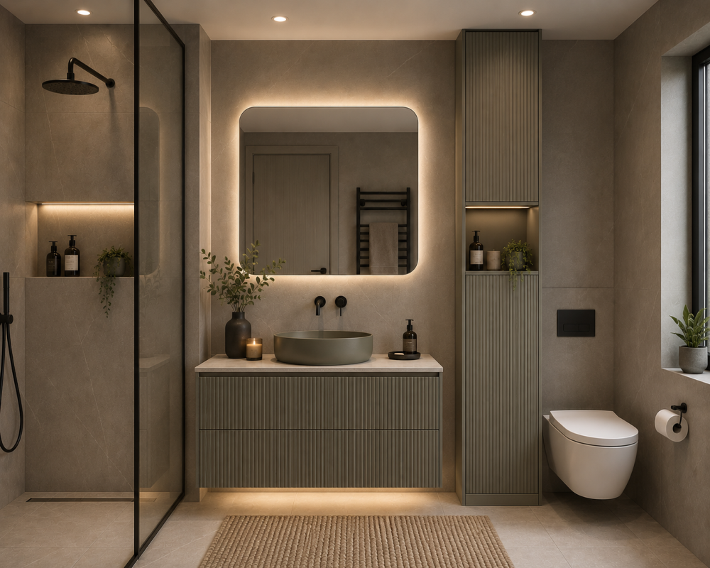Walk-in shower with glass partition, illuminated mirror, storage cabinets, and basin vanity in warm neutral tones.