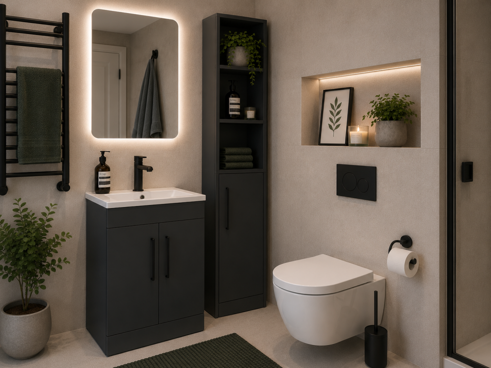 Dark vanity unit with illuminated mirror, tall storage cabinet, and decorative bathroom accessories.