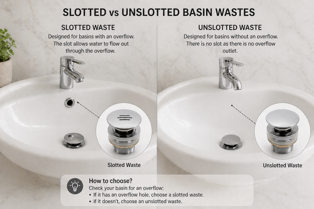 Slotted vs unslotted basin waste comparison showing suitability for sinks with and without overflow.