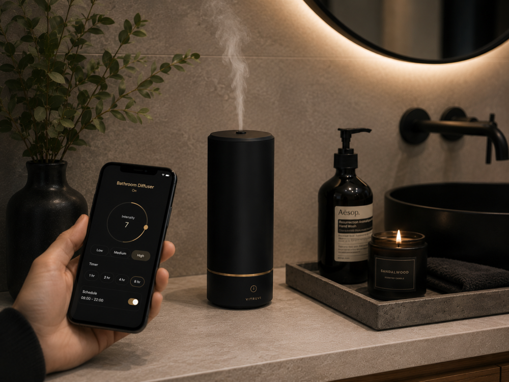 Hand holding phone controlling black diffuser emitting mist, next to hand wash and sandalwood candle on bathroom counter.