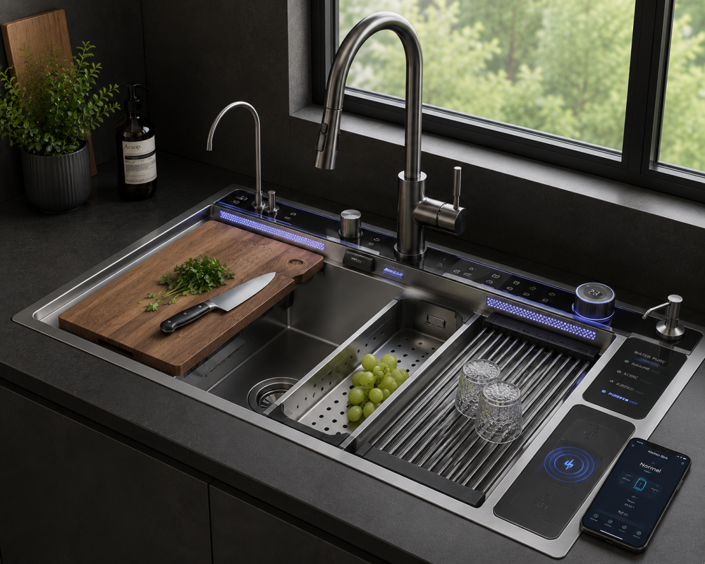 Smart kitchen sink setup with stainless tap, chopping board, herbs, colander, and smartphone nearby.