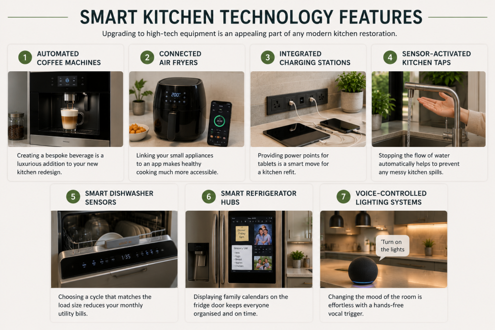 Smart kitchen technology infographic showing connected appliances and automated cooking features.