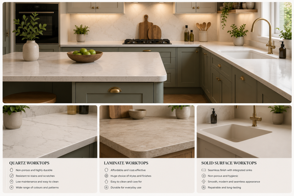 Kitchen island with marble-effect worktop, green cabinetry, and comparison of quartz, laminate, and solid surface counters.