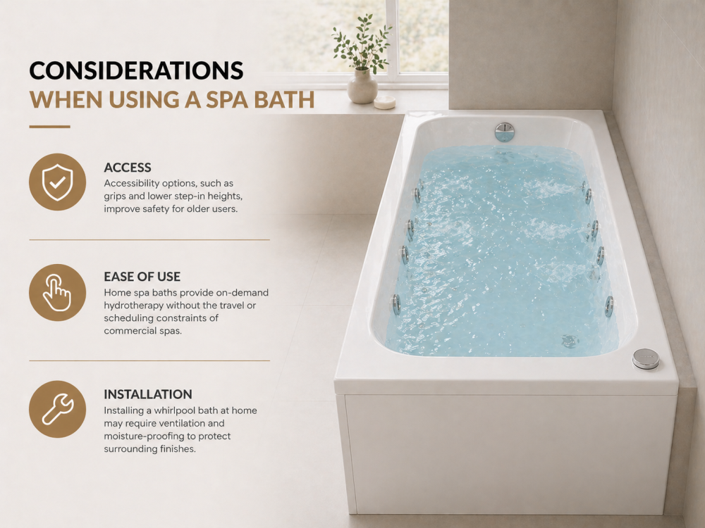 Spa bath buying guide diagram showing key considerations including size, features, and installation.