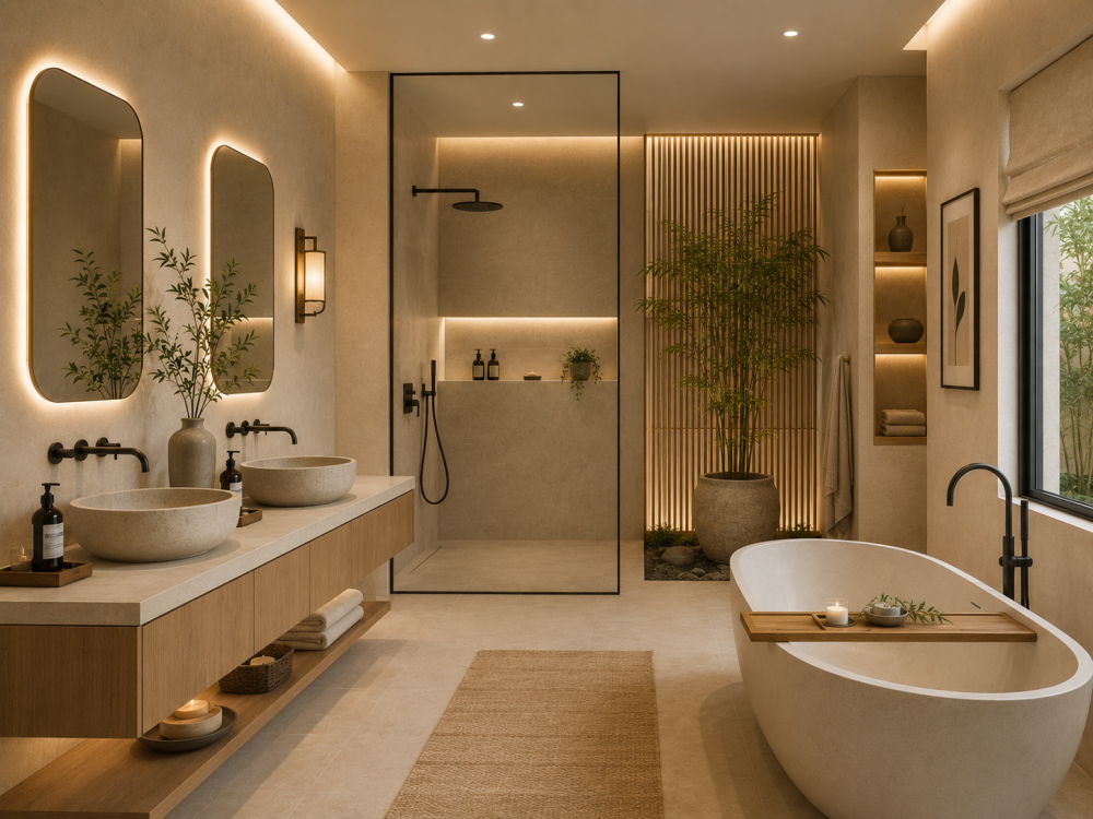 Bathroom interior with separate bath, dual basins, walk-in shower, and warm ambient lighting.