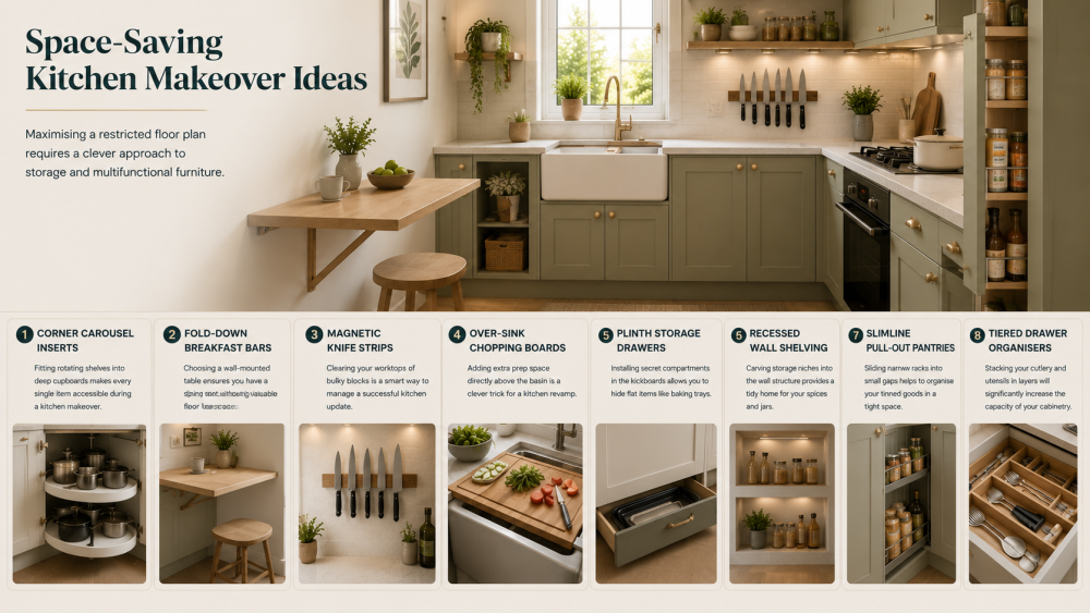 Sage green kitchen with corner storage carousel, fold-down breakfast bar, pull-out pantry, and compact storage solutions.