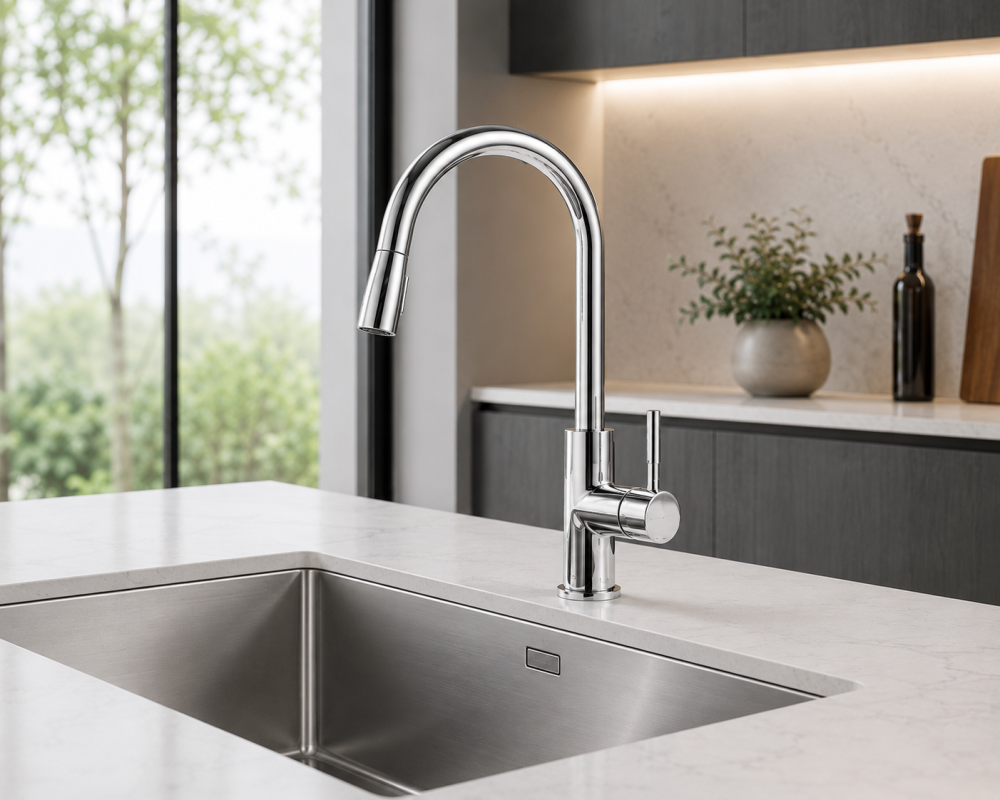 Stainless steel kitchen faucet above marble countertop sink with greenery and soft lighting.