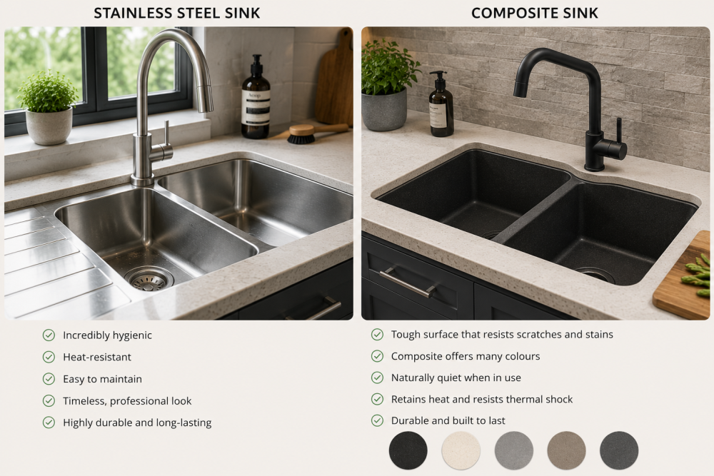 Stainless steel sink vs composite sink comparison with colour samples and durability feature guide.