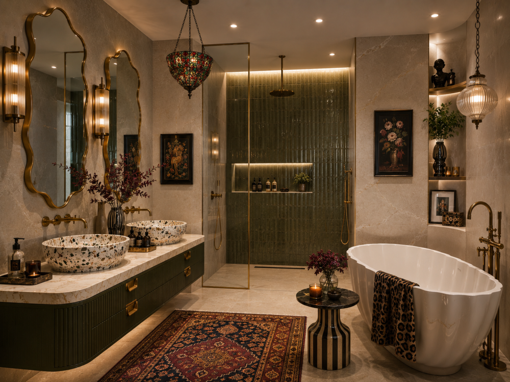 Freestanding bathtub with decorative mirrors, feature lighting, and coordinated brass bathroom fittings.