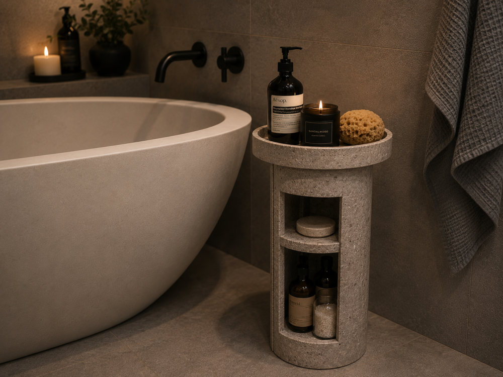 A modern bathroom setting featuring a freestanding bathtub and a circular stone shelf holding various bottles and candles.