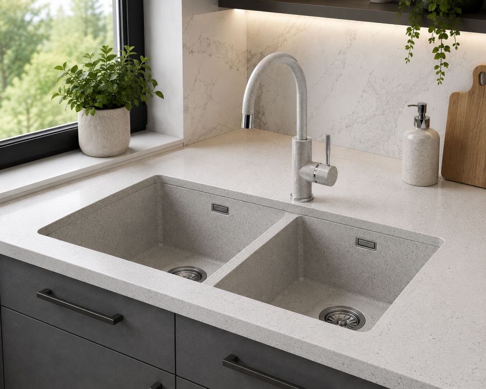 Grey dual-bowl kitchen sink with silver mixer tap on white worktop in a clean, bright kitchen.