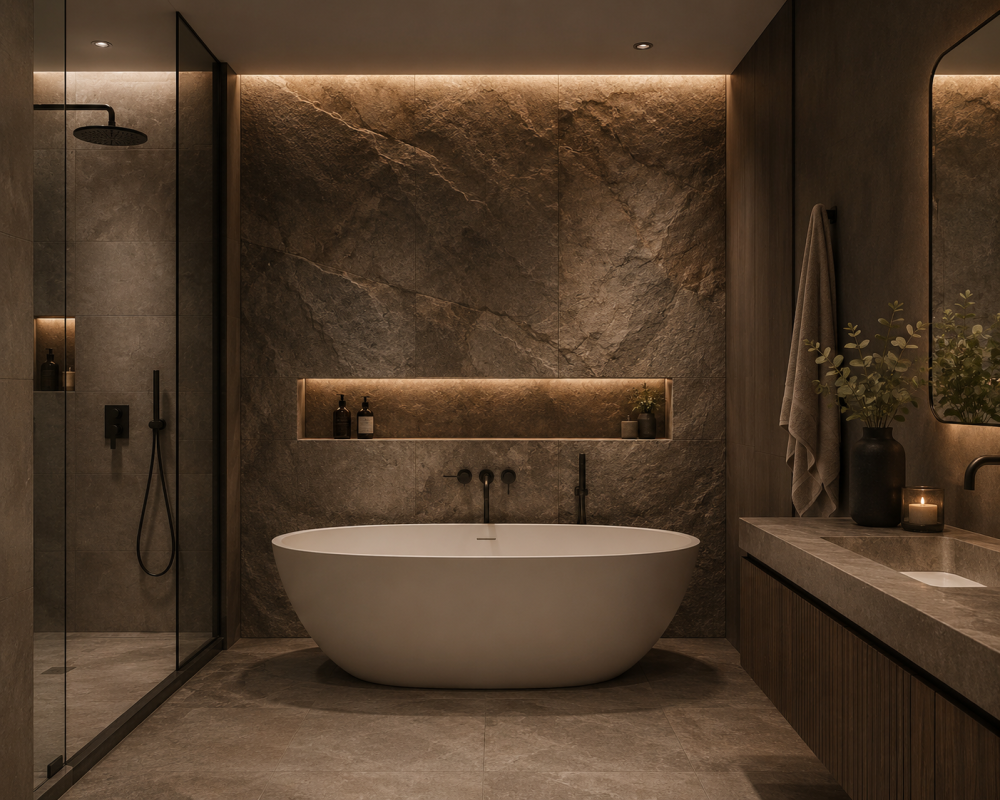 Textured stone feature wall behind oversized soaking bathtub in a neutral bathroom setting.