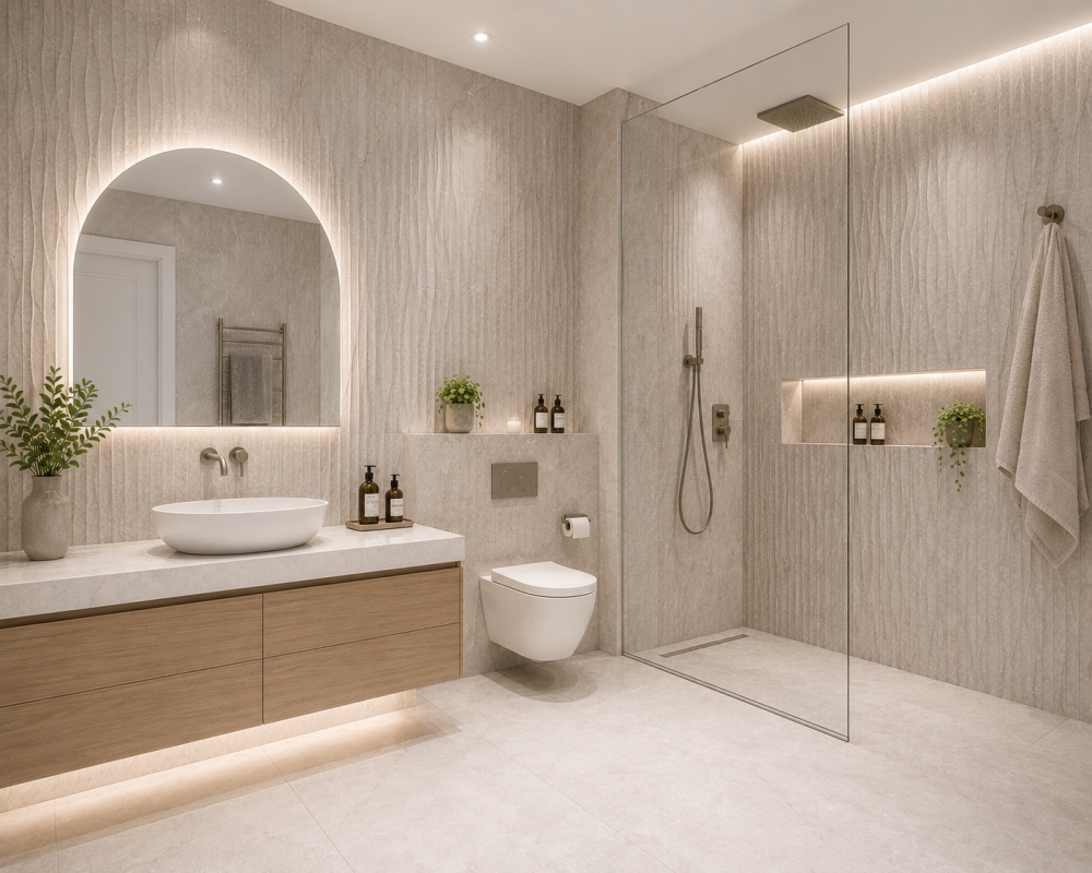 Curved mirror above sink with integrated lighting, wood cabinetry, shelving, and framed shower enclosure.