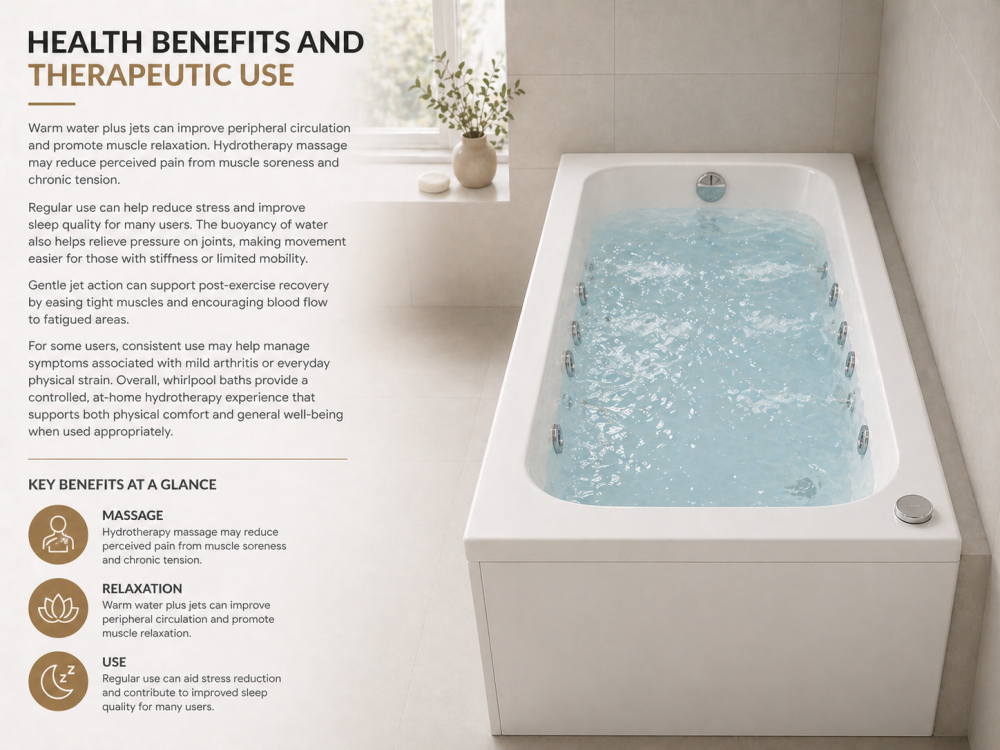Whirlpool spa bath infographic showing health benefits, relaxation, and therapeutic uses.