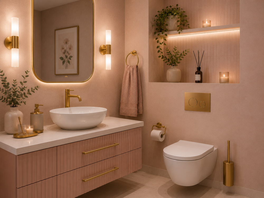 Powder-pink wall tiles with vanity unit, glass shower enclosure, and brushed brass fittings used throughout.