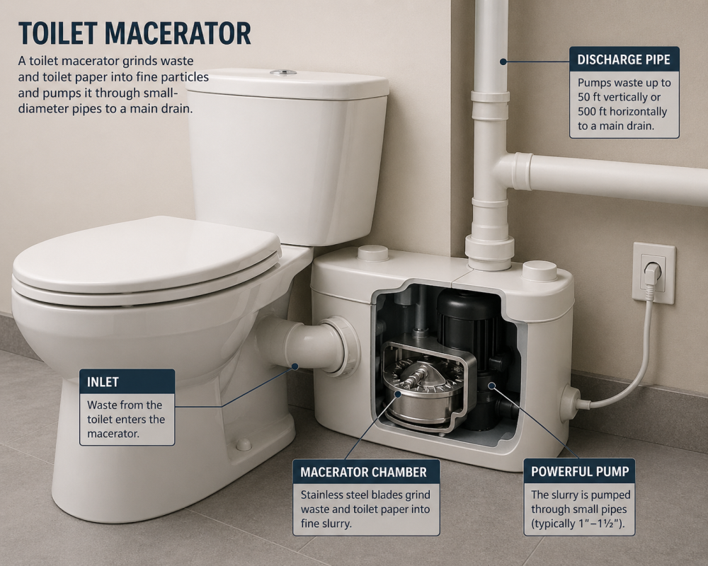 Macerator toilet system diagram showing waste entering, grinding in macerator unit, and pumping through discharge pipe.