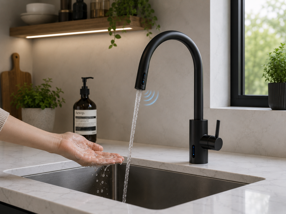 Touchless black smart kitchen tap dispensing water while hands are washed over marble sink.