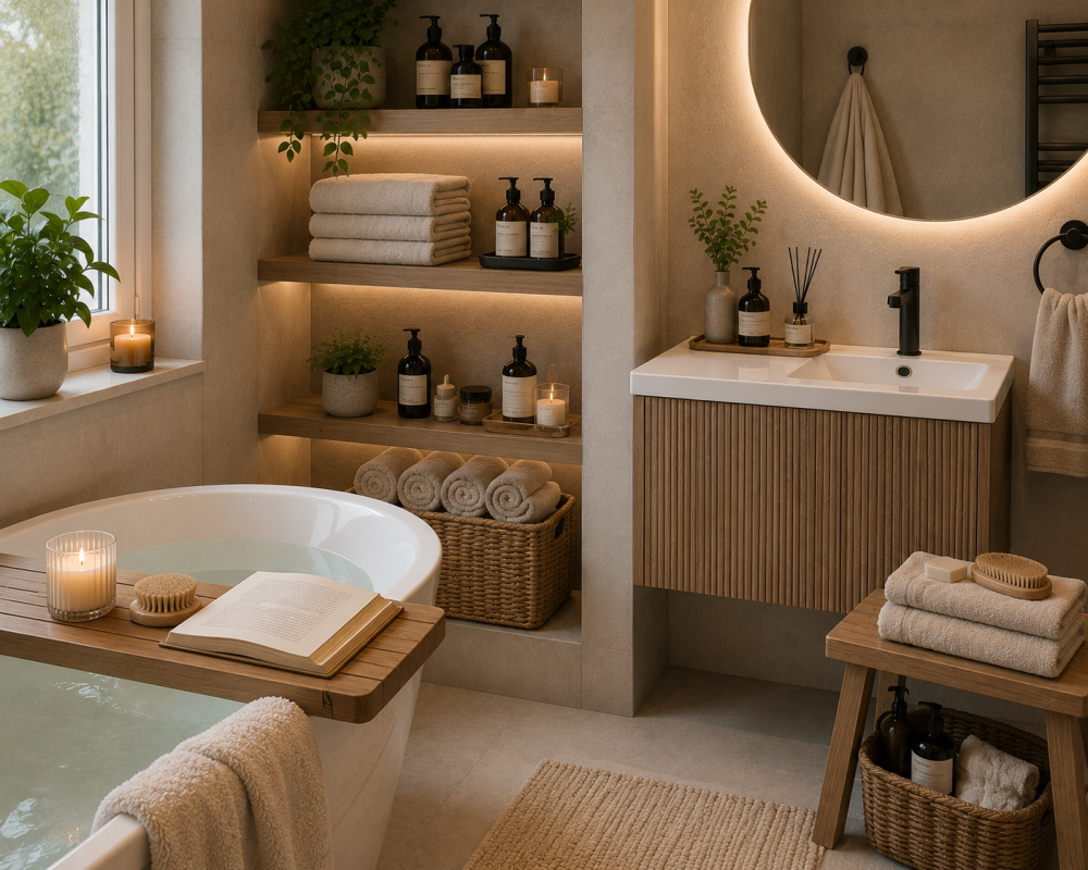 Freestanding bathtub beside wooden shelving, round mirror, dark bottles, and ambient lighting.
