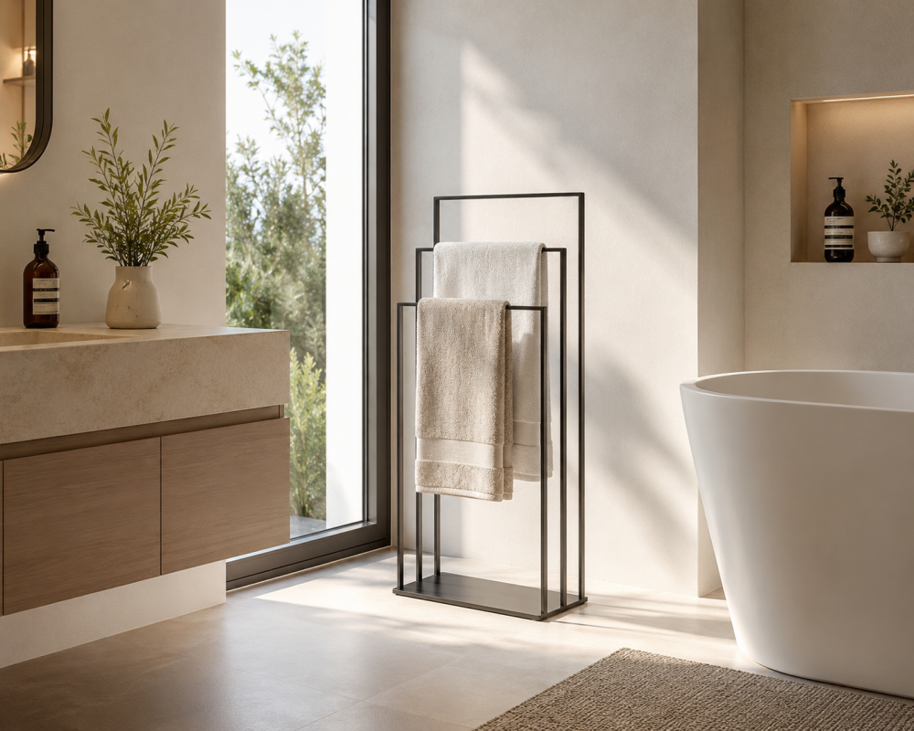 bathroom featuring a minimalist design, with a towel rack holding a folded towel, a freestanding bathtub, and natural light coming through large windows.