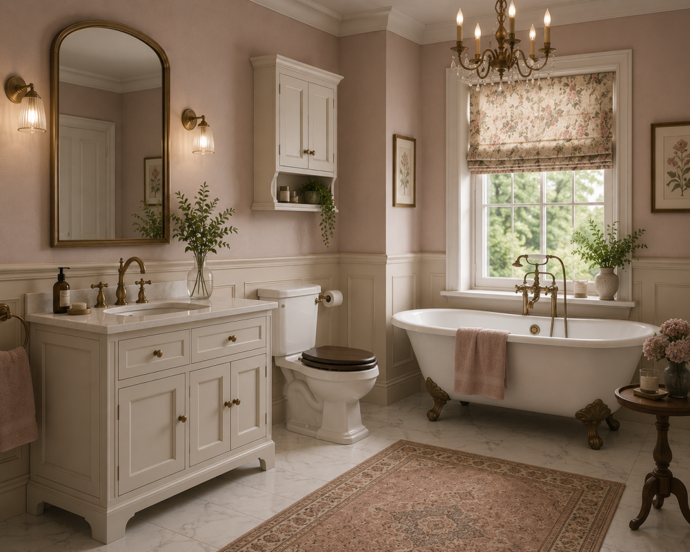 Traditional bathroom with clawfoot bath, floral wallpaper, chandelier lighting, and brass fixtures.
