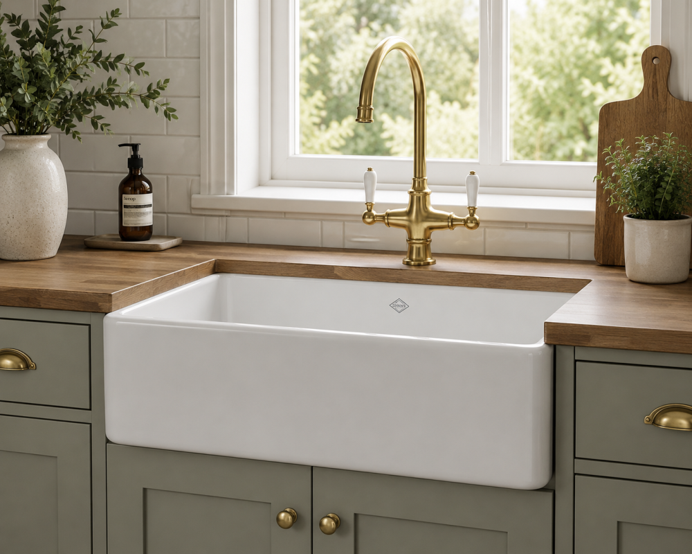 Farmhouse kitchen sink with brass tap set into wooden countertop with soap and potted plants.
