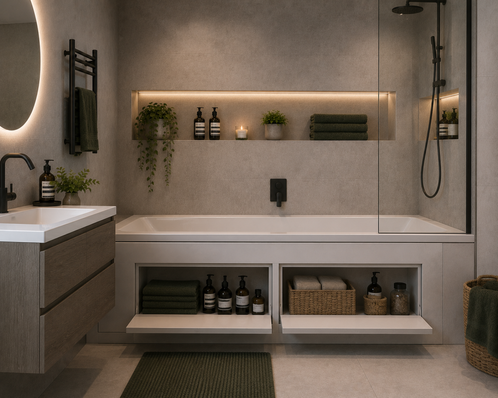 Bath and shower combination with wood storage vanity, shelving, and recessed lighting.