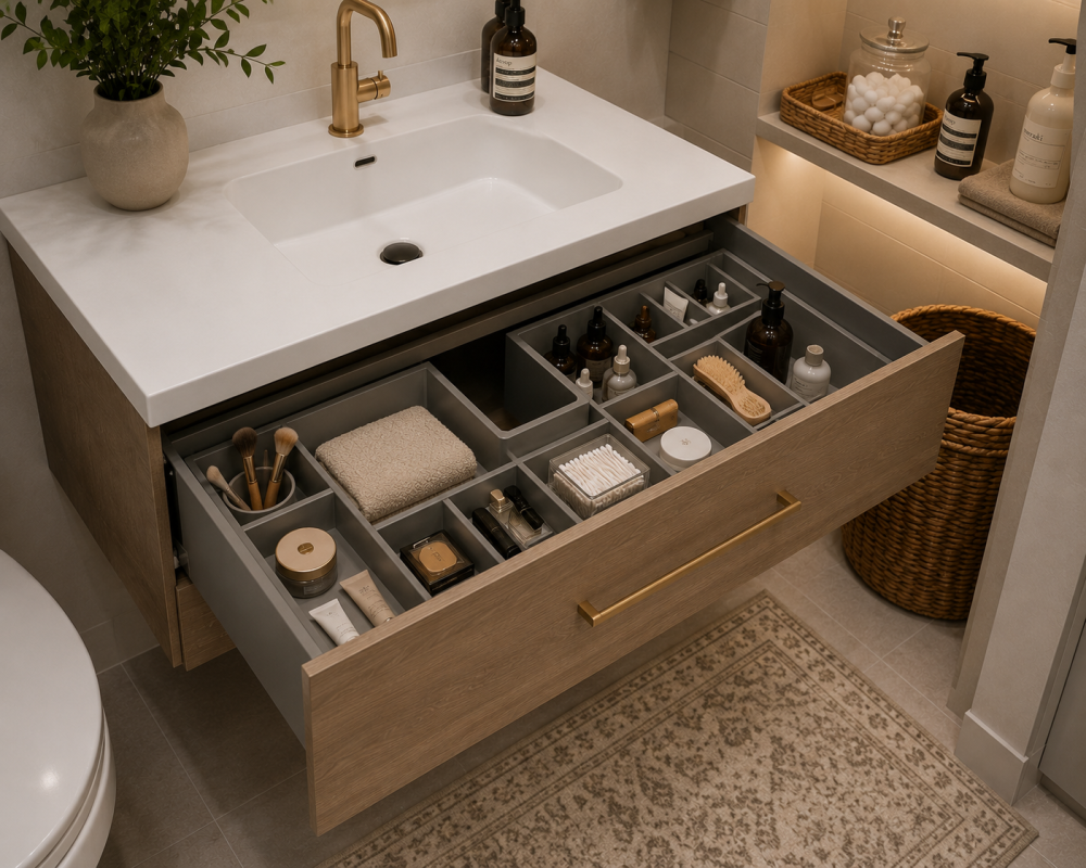 Bathroom drawer organiser filled with skincare and grooming products inside grey vanity unit.
