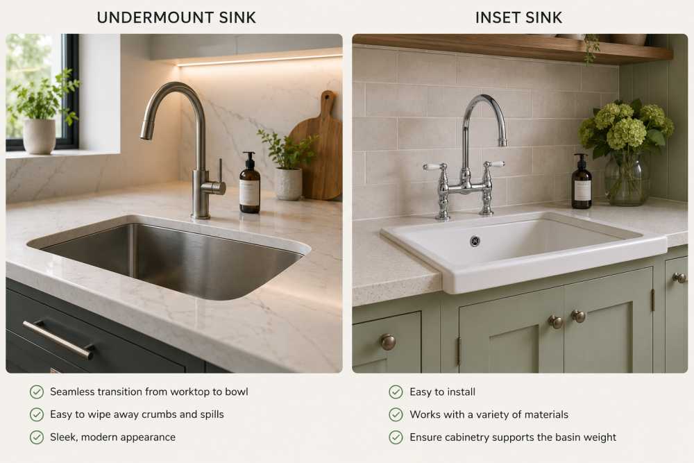 Undermount sink vs inset sink comparison showing installation styles, benefits, and kitchen design differences.