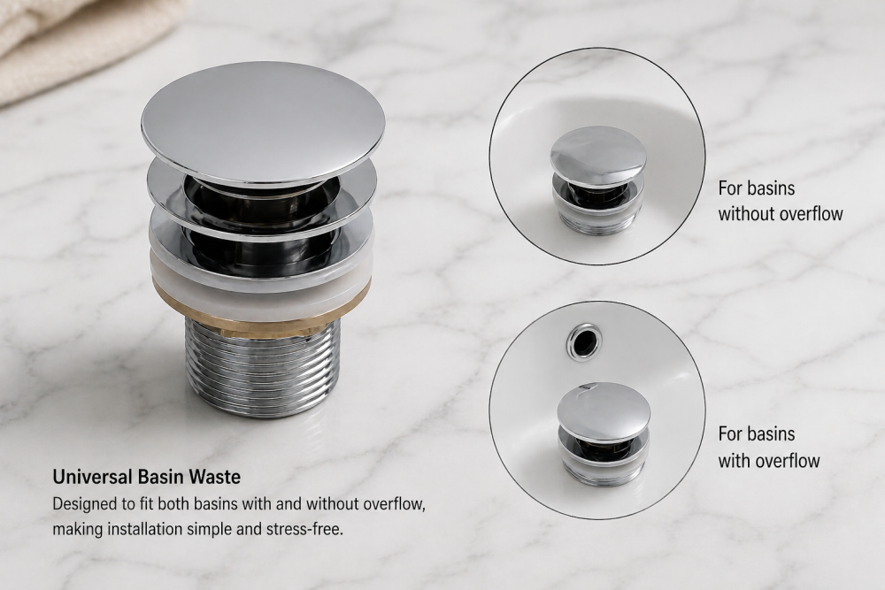 Universal chrome basin waste shown installed in sinks with and without overflow, highlighting compatibility.