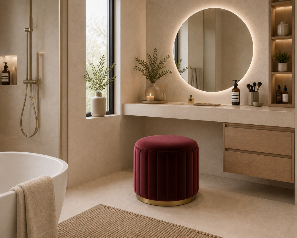 A modern bathroom featuring a round mirror, a plush maroon stool with gold accents, wooden cabinetry, and large windows allowing natural light in.