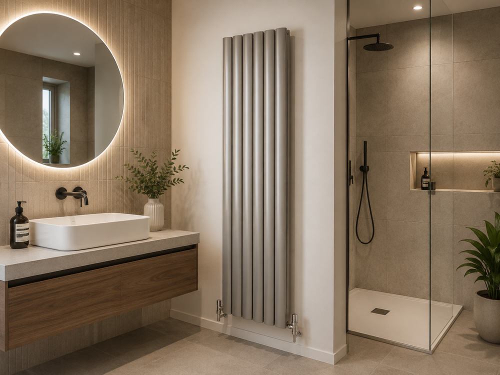 Bathroom with chrome towel radiator beside wooden vanity, circular mirror, and glass shower with integrated shelving.