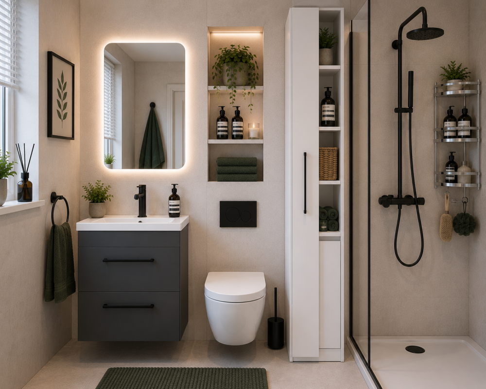 Compact bathroom vanity with mirror, storage units, glass shower cubicle, and plant accents.