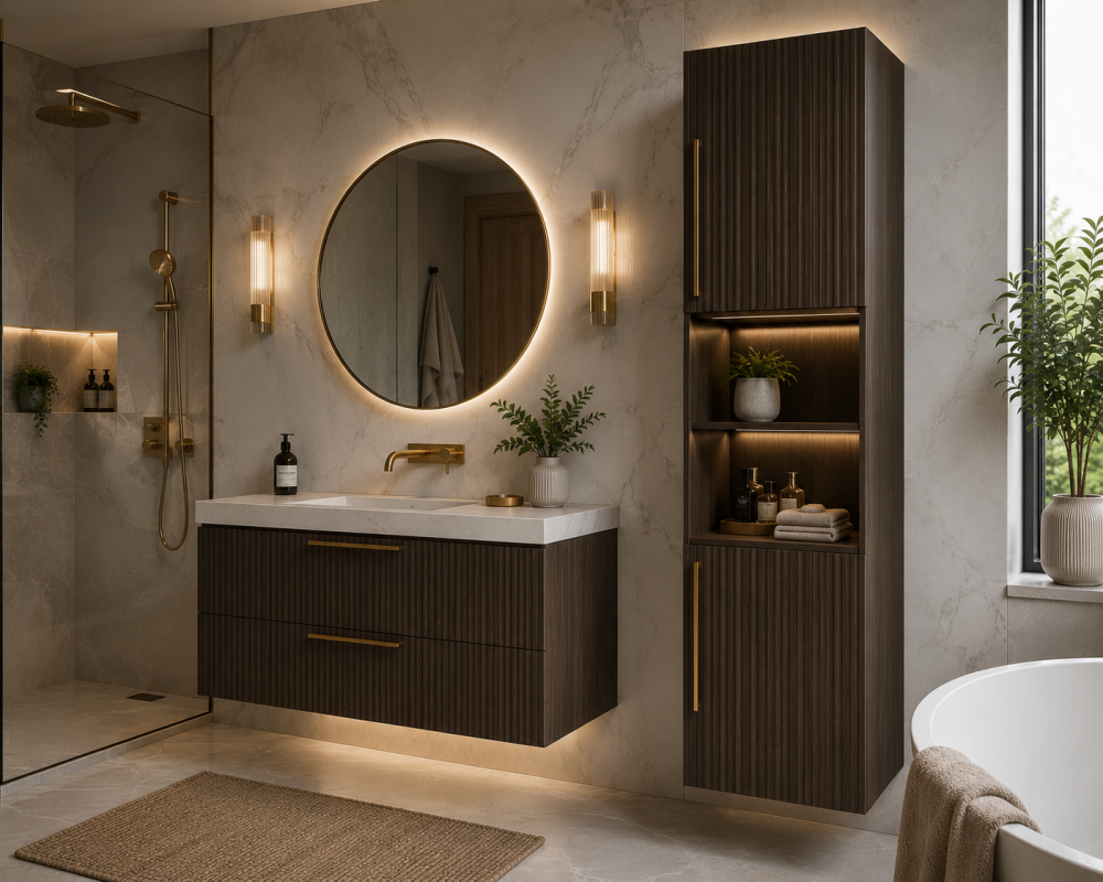 Backlit circular mirror above wood-effect vanity with brushed brass details and soft ambient lighting.