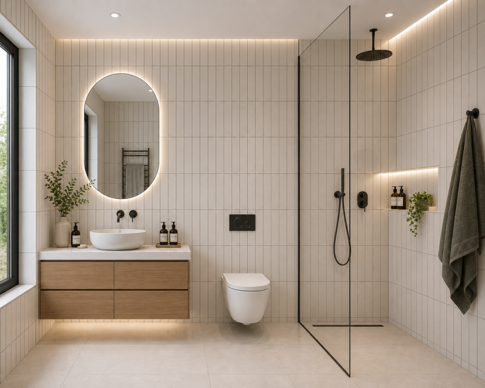 Vanity unit with round mirror, wood cabinetry, glass shower enclosure, and large windows bringing in natural light.