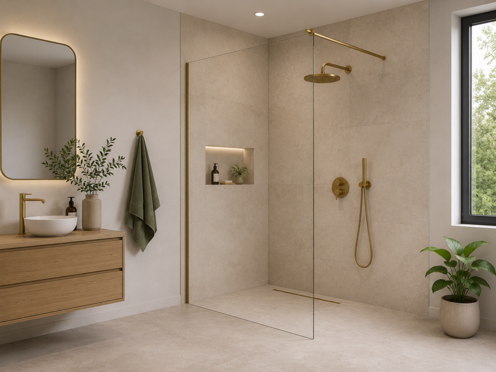 Walk-in shower with fixed glass screen, brushed brass fixtures, illuminated mirror, and floating wood vanity.