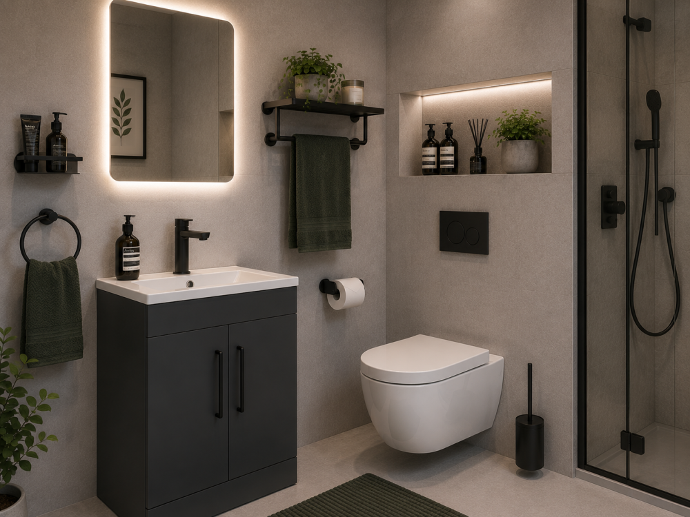 White sink unit with backlit mirror, green towels, shelving, and glass shower doors.
