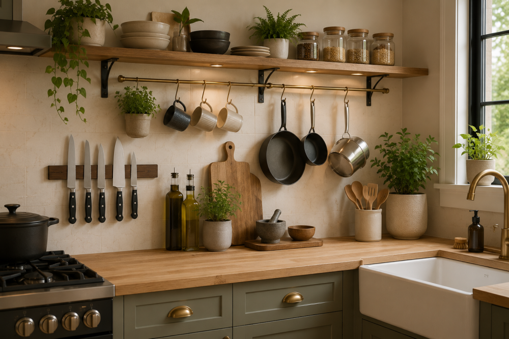 Green shaker kitchen with wooden worktops, hanging cookware, magnetic knife rack, and open shelving near farmhouse sink.