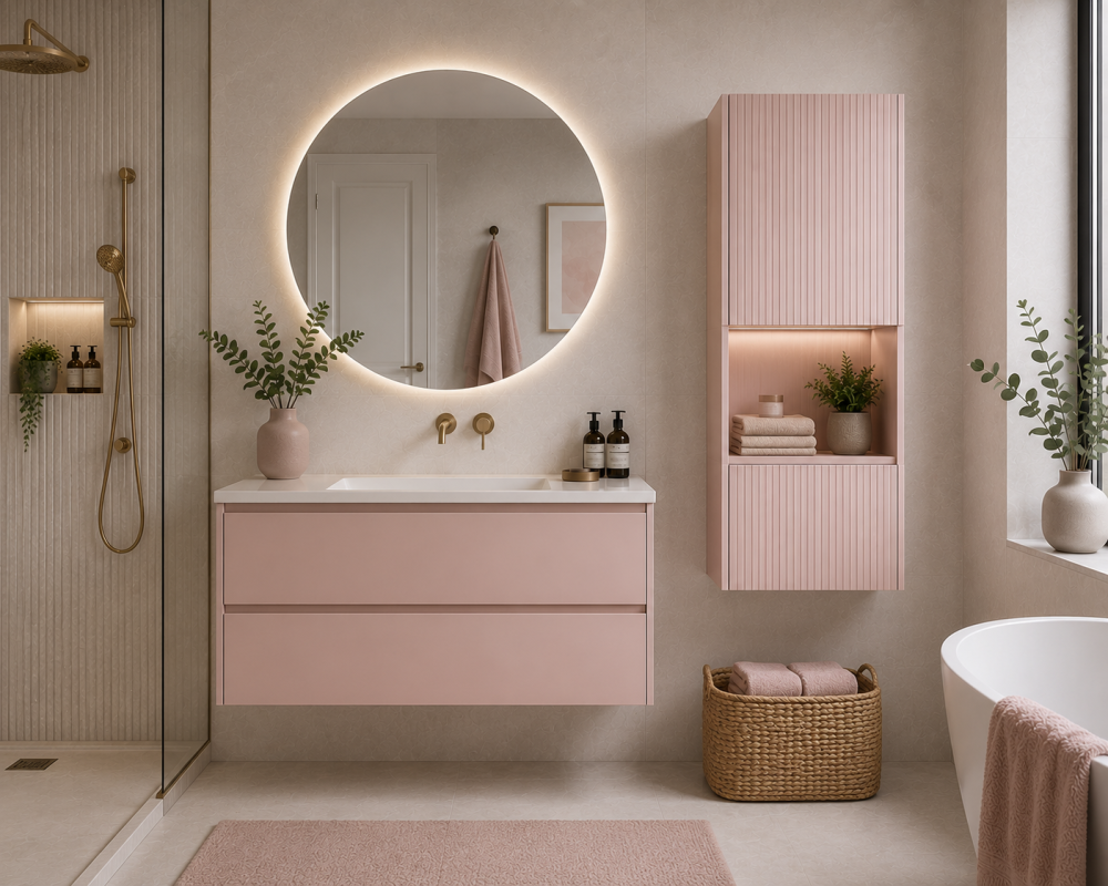 Pink vanity unit with matching cabinet, round illuminated mirror, and brushed brass shower fittings.