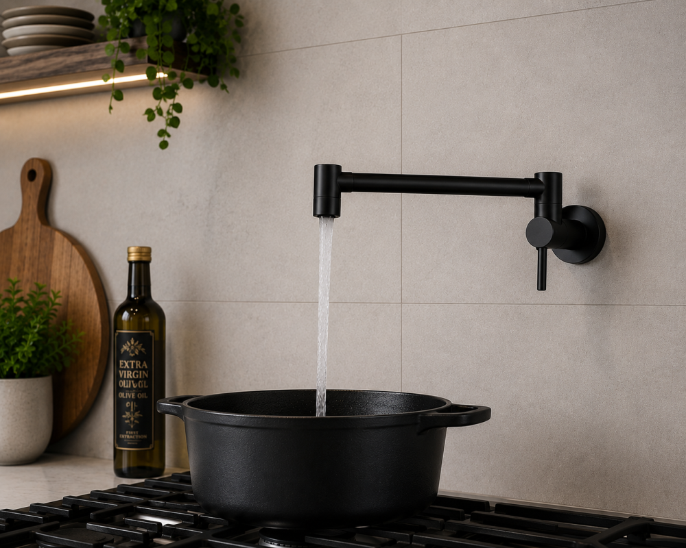 Black pot filler tap over stove filling cooking pot, with olive oil, chopping board, and plants nearby.
