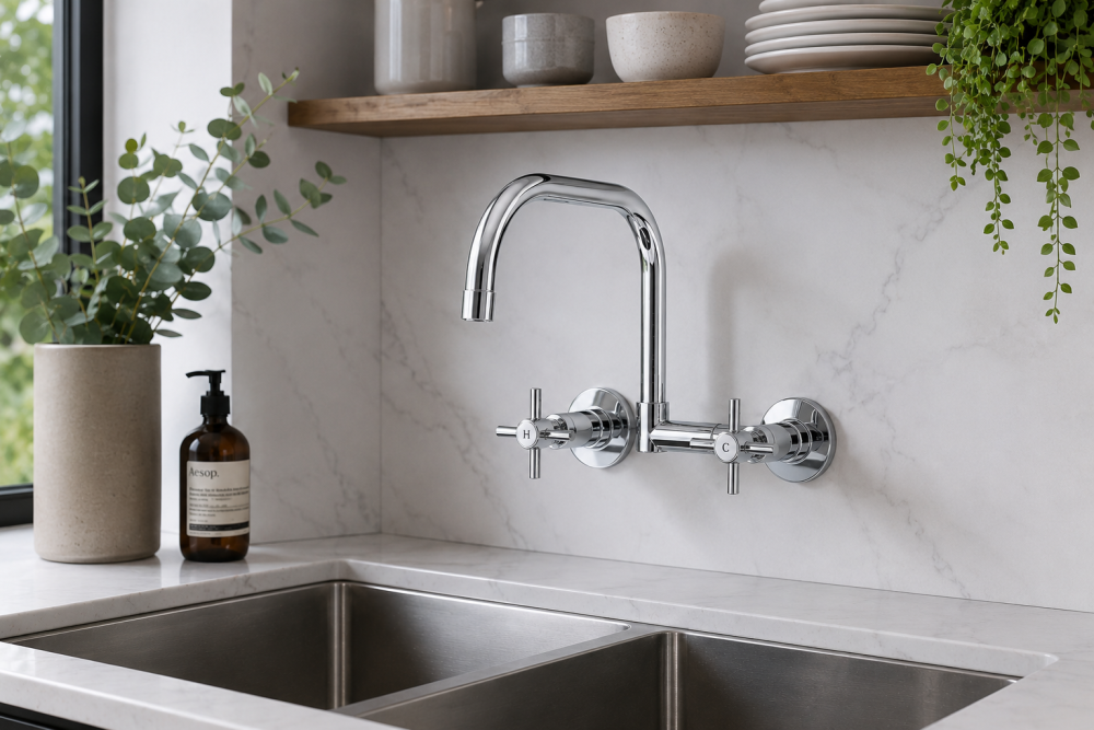 Chrome bridge kitchen tap mounted against marble splashback with soap dispenser and shelf plants.