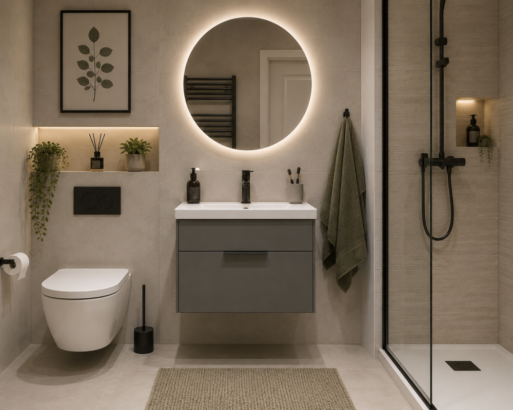Grey vanity unit with illuminated round mirror beside toilet and framed glass shower enclosure.