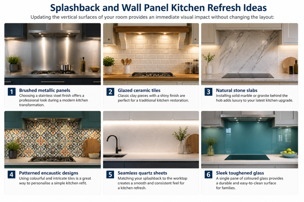 Kitchen splashback ideas guide showing glazed tiles, stone panels, quartz sheets, metallic finishes, and glass splashbacks.