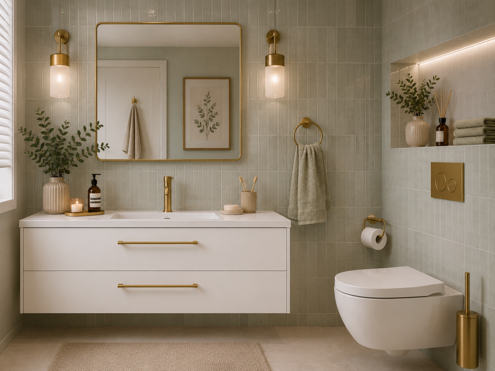 Soft green tiled wall behind a white vanity unit, paired with brushed brass taps and minimal styling.
