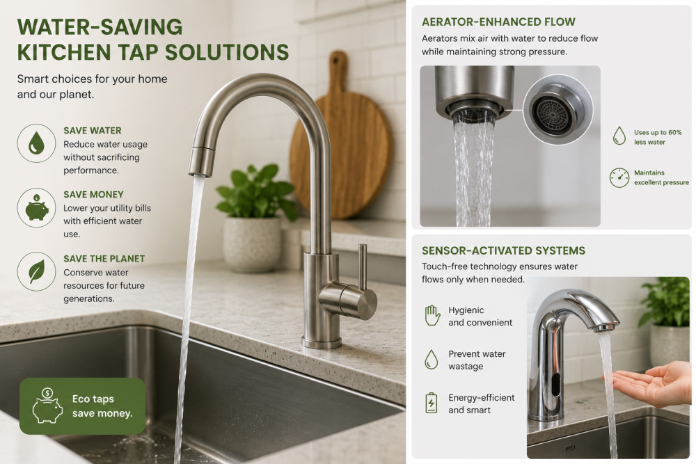 Eco-friendly kitchen tap infographic showing aerator flow control and sensor activation for water-saving performance.