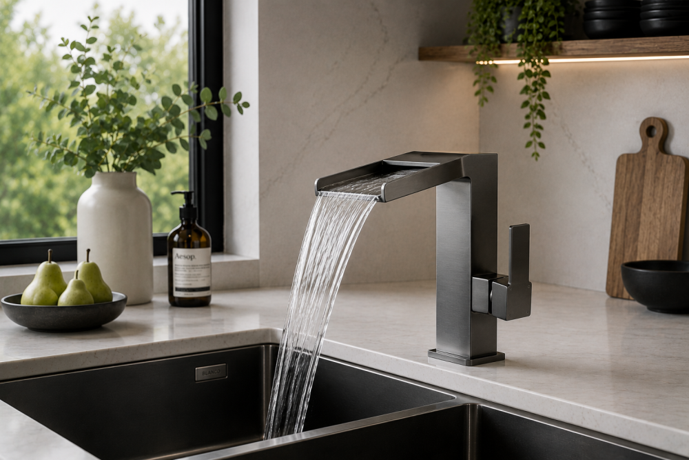 Kitchen sink with waterfall tap design surrounded by utensils and decorative greenery.