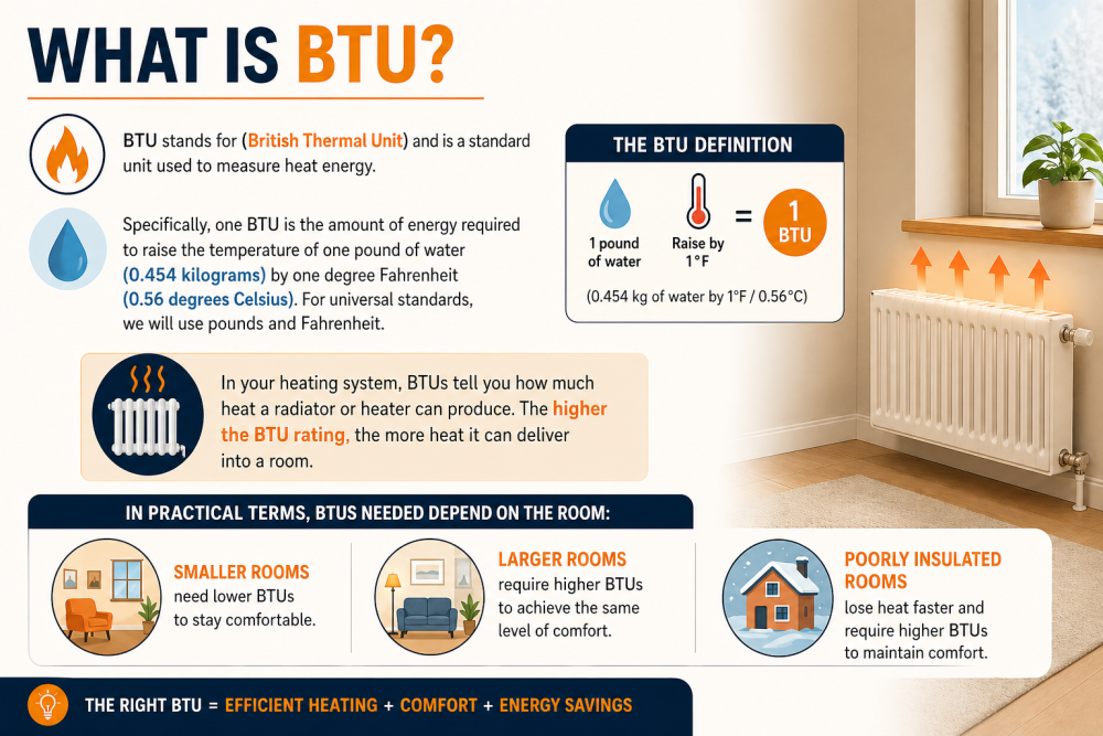 BTU heating guide infographic showing how room size affects radiator heat output and energy efficiency.