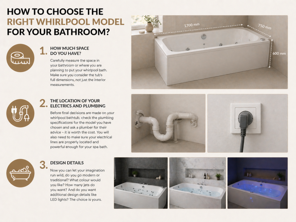 Whirlpool bath selection guide helping choose the right model for different bathroom sizes and layouts.